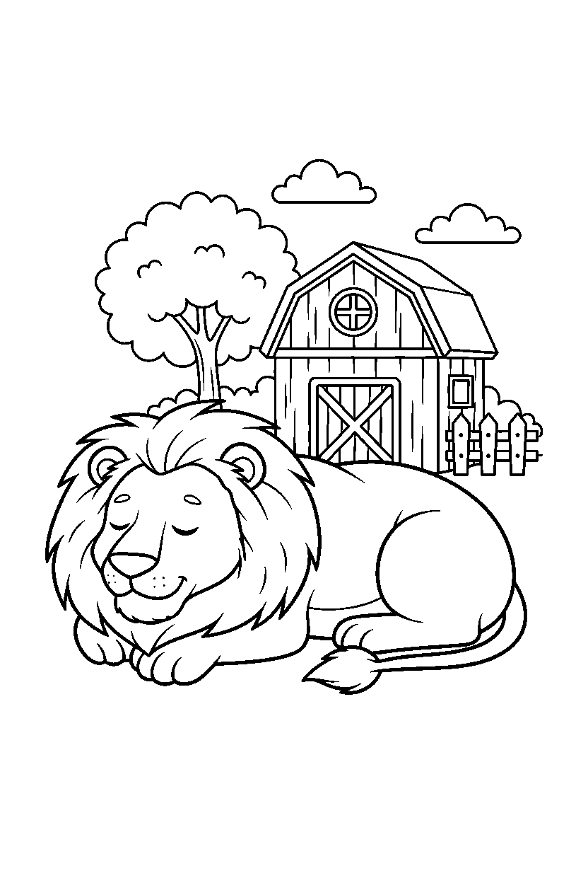 lion napping calmly near a barn line art