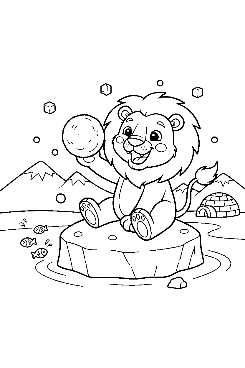 lion playing happily in a polar landscape line art