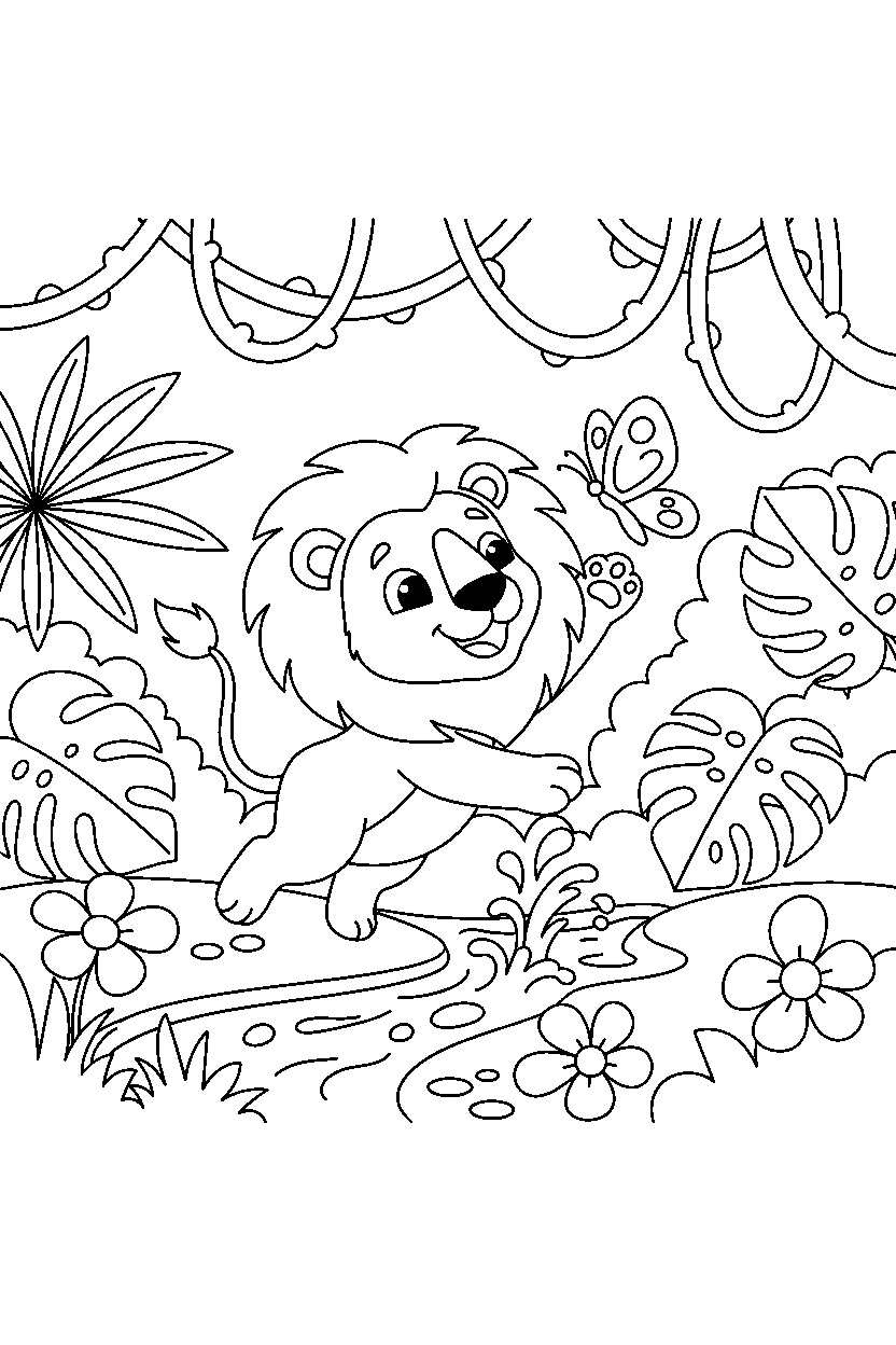 lion playing happily in the rainforest line art