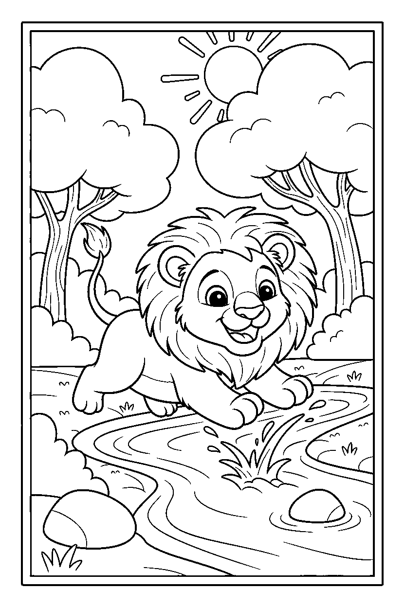 lion playing happily near a river line art