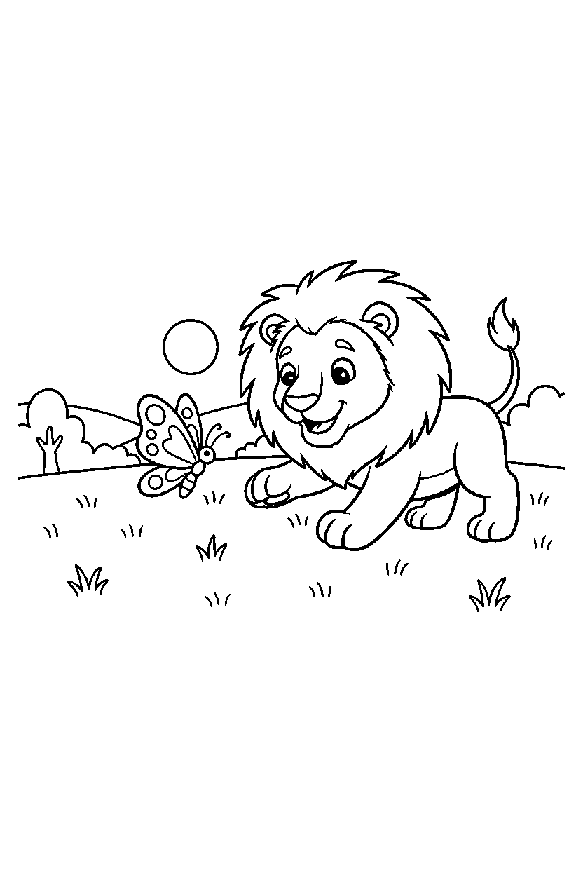 lion playing with a butterfly in an open field line art