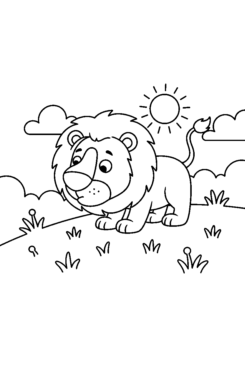 lion sniffing curiously on a grassy hill line art