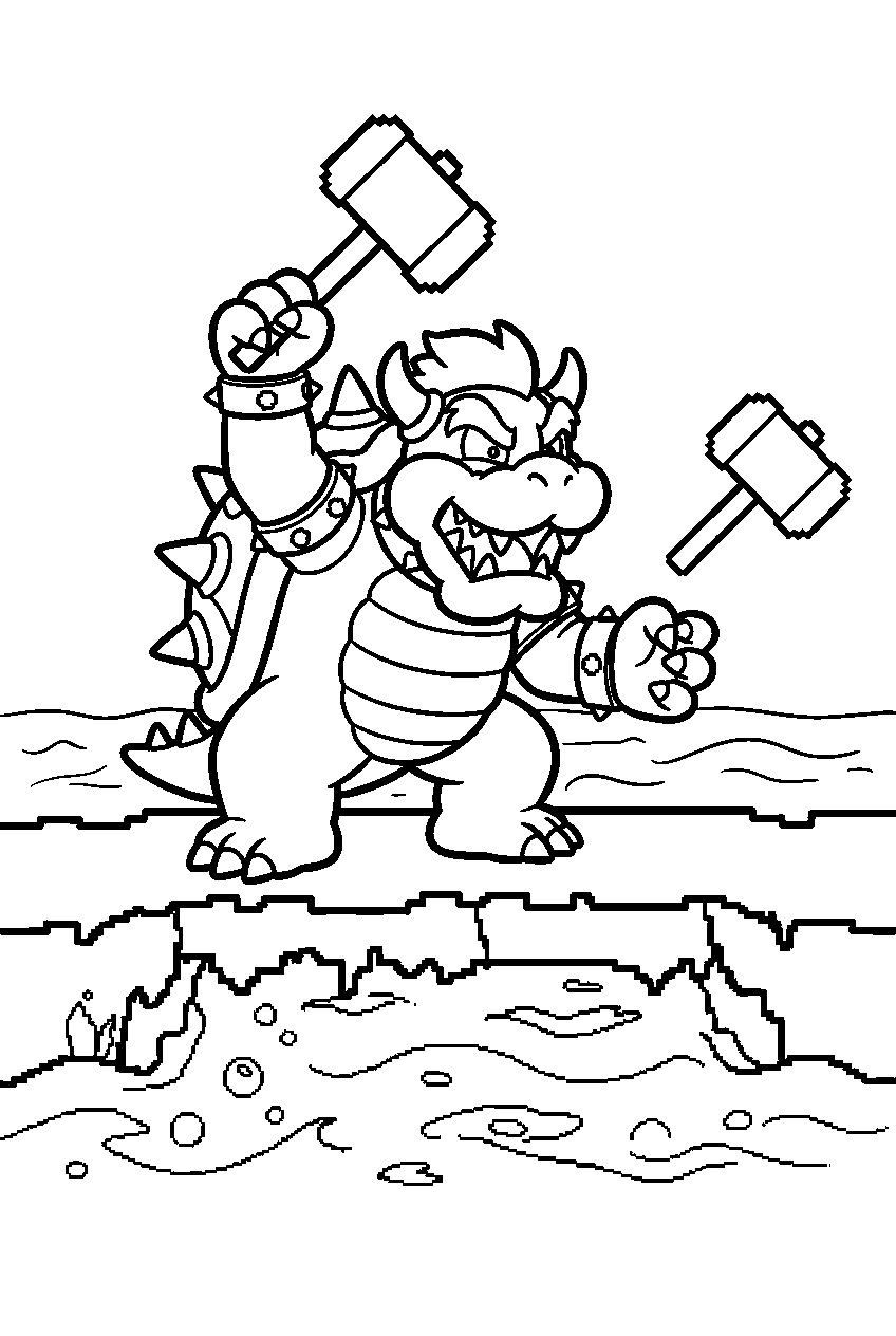 8 bit bowser throwing hammers on a pixel lava bridge line art