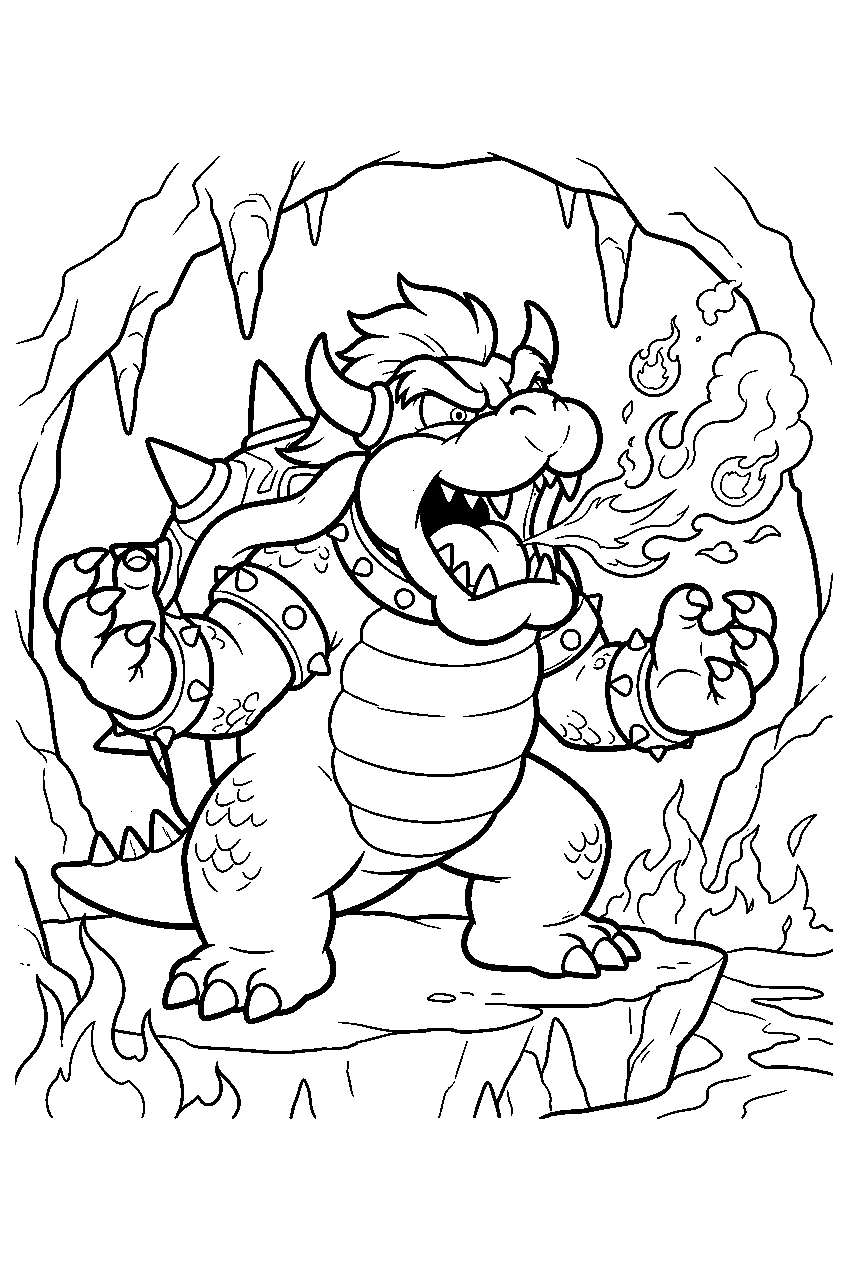 angry bowser roaring inside a fiery cavern line art