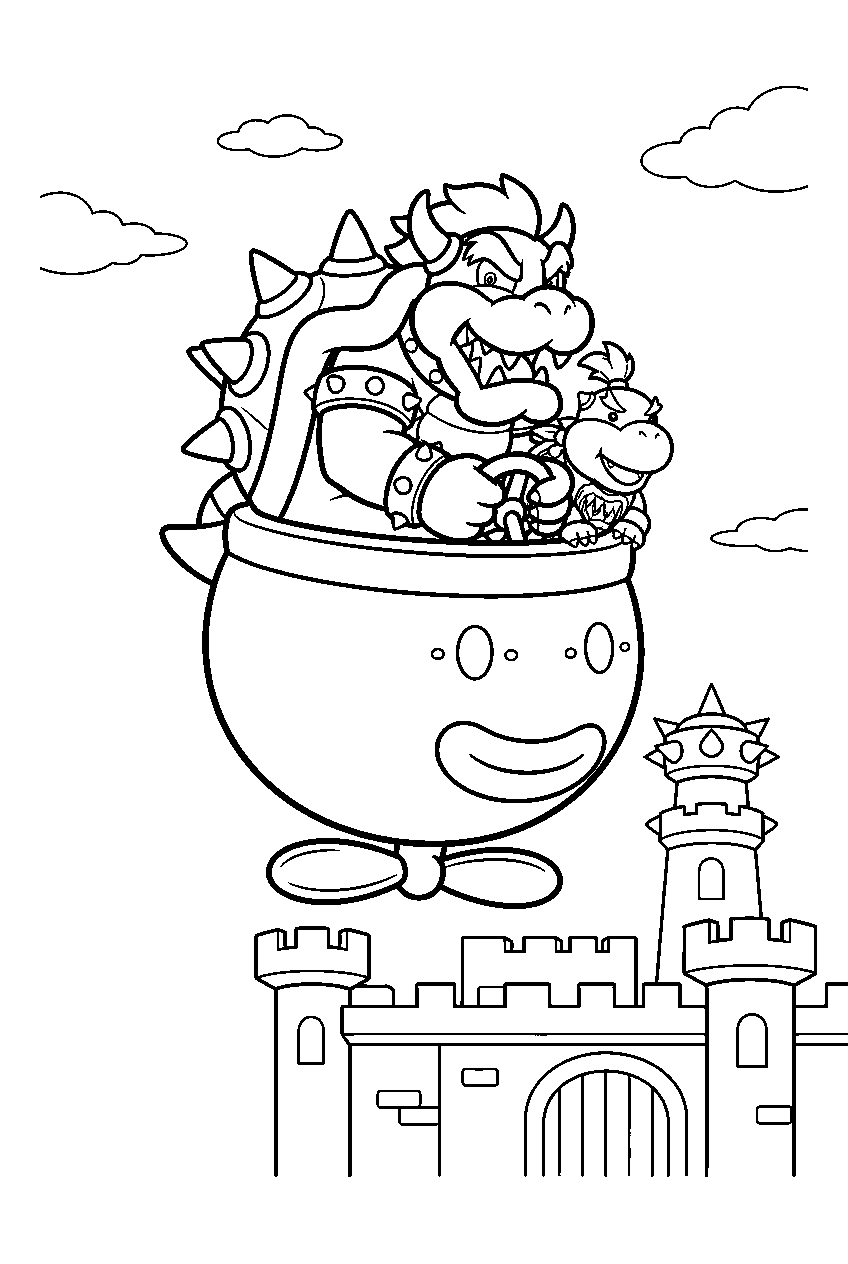 bowser and bowser jr flying together in a koopa clown car above the castle line art