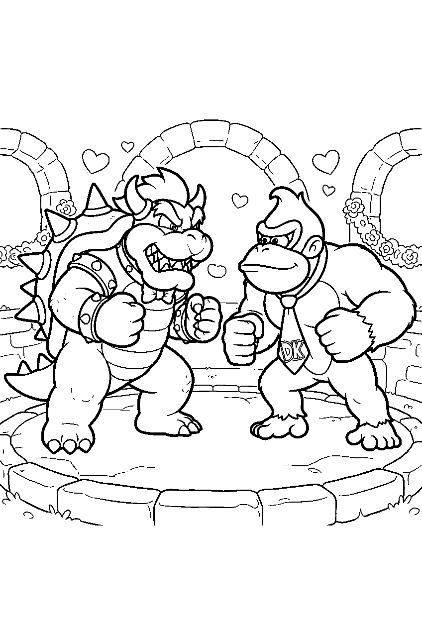 bowser and donkey kong facing off inside a wedding arena line art