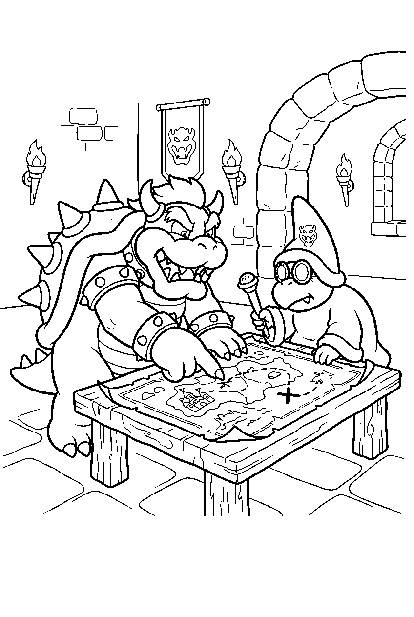 bowser and kamek planning beside a map inside the castle war room line art