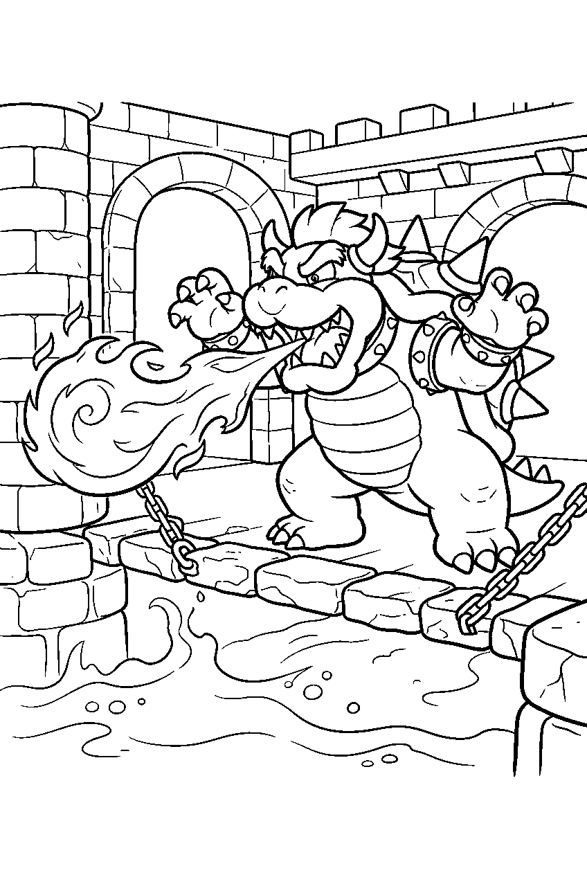 bowser breathing fire on a lava bridge inside bowser s castle line art