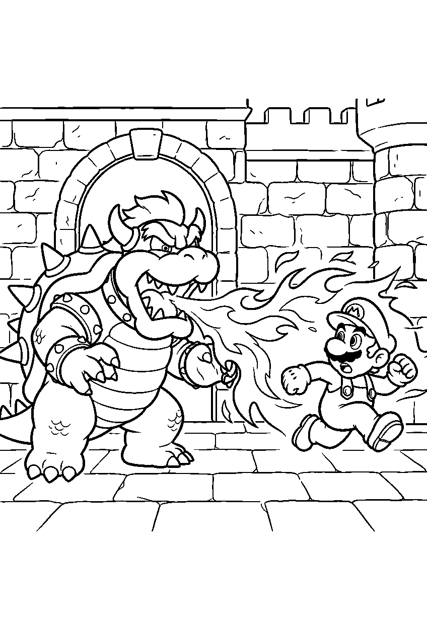 bowser breathing fire toward mario inside a castle boss arena line art