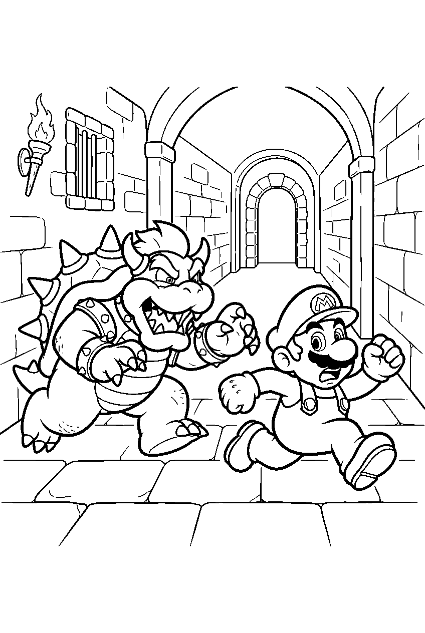 bowser chasing mario through a castle corridor line art