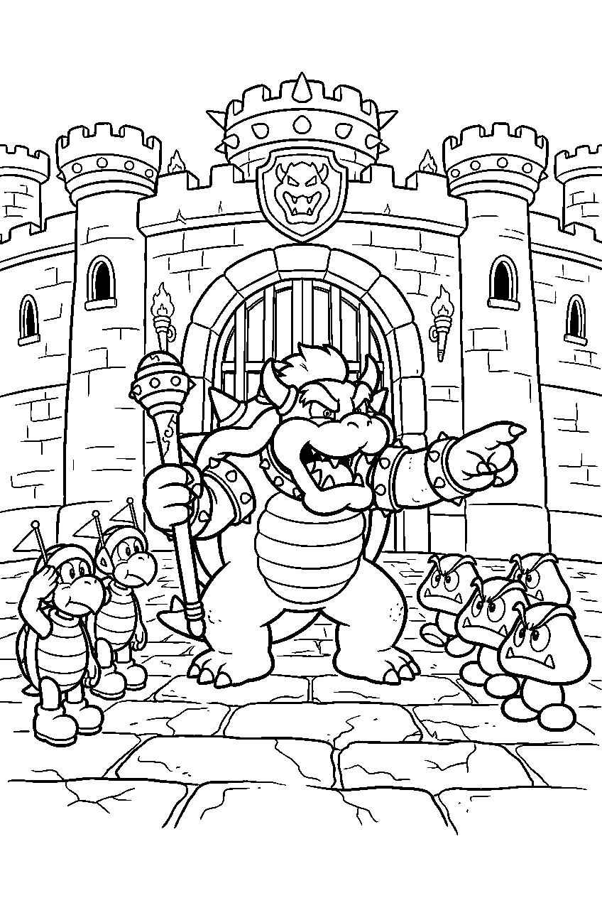 bowser commanding koopa troopas in the castle courtyard line art