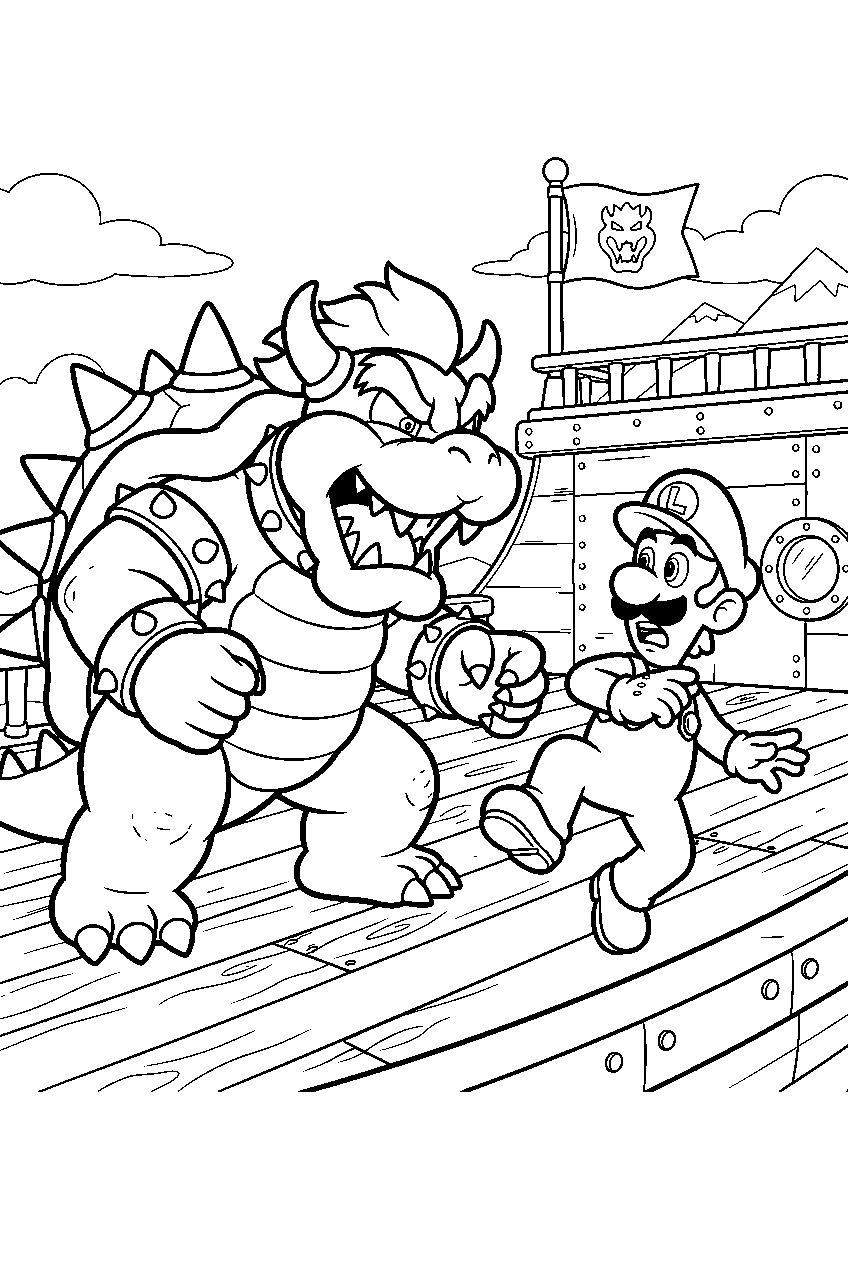 bowser confronting luigi on an airship deck line art