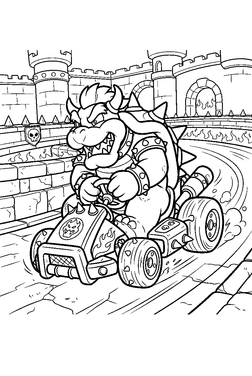 bowser drifting his kart around bowser s castle track line art