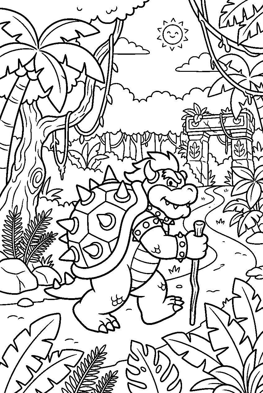 bowser exploring in jungle kingdom line art