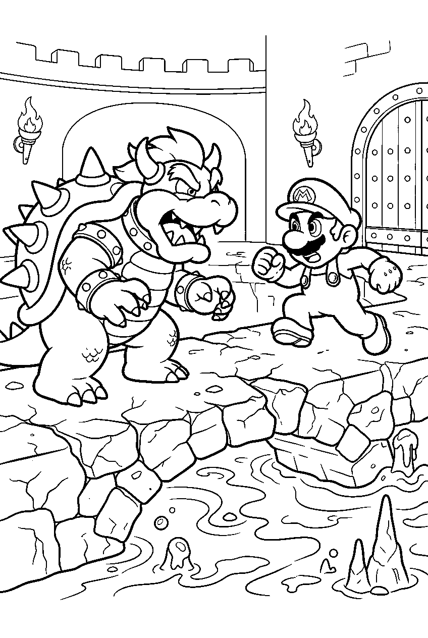 bowser facing mario on a lava bridge inside his castle line art