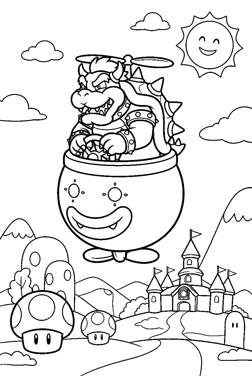 bowser flying a koopa clown car above the mushroom kingdom line art