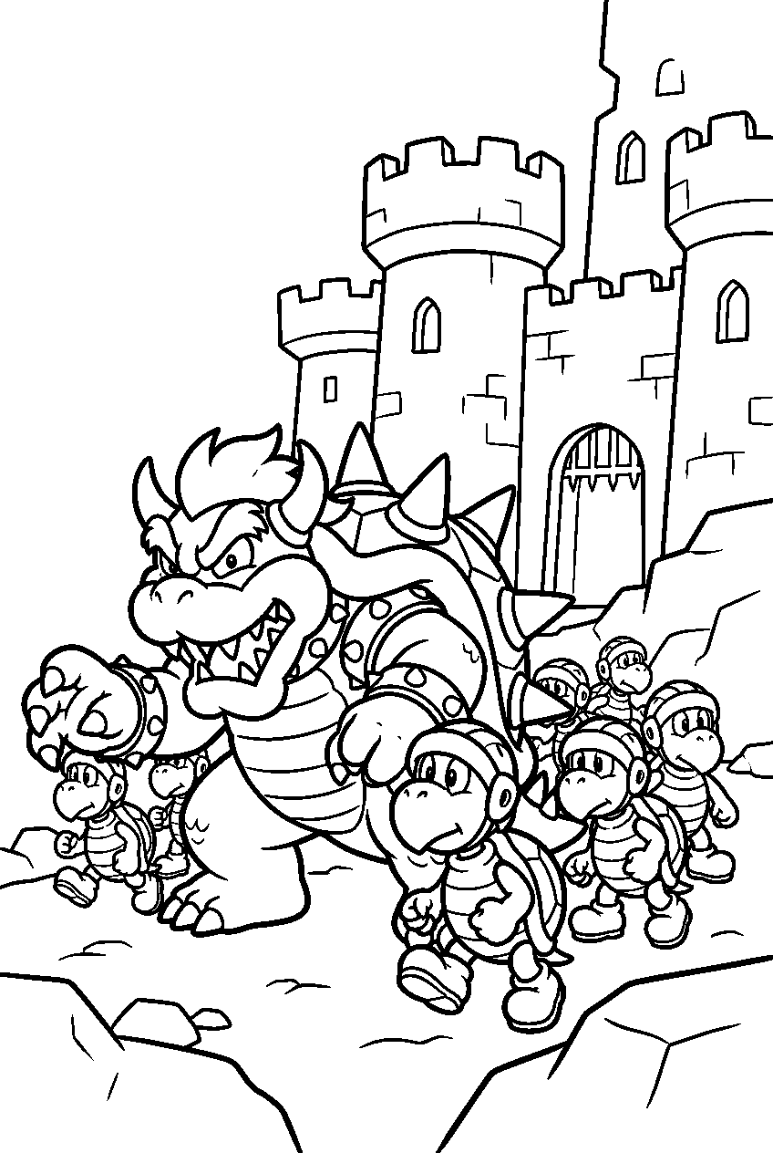 bowser from the super mario bros movie leading a koopa army outside the dark lands castle line art
