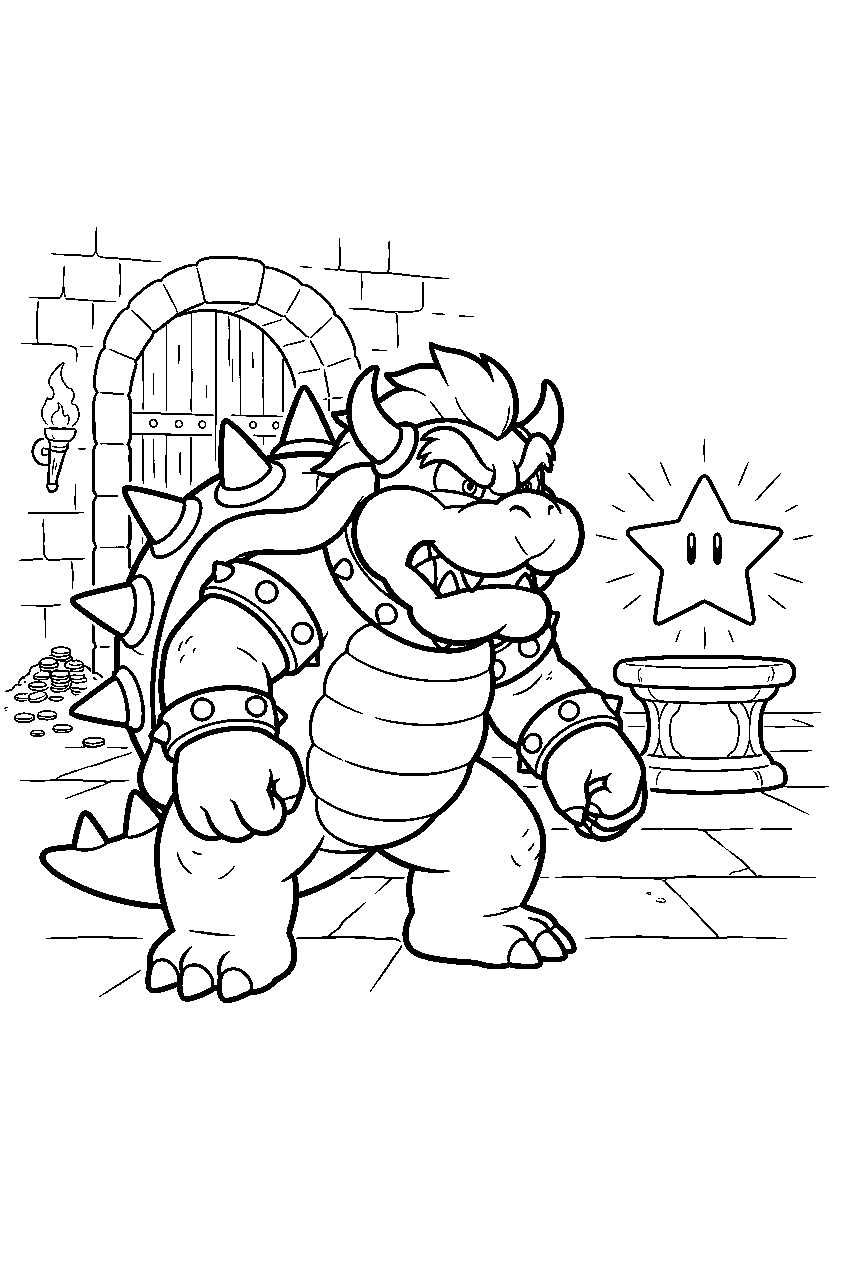 bowser guarding a super star inside the castle treasure room line art