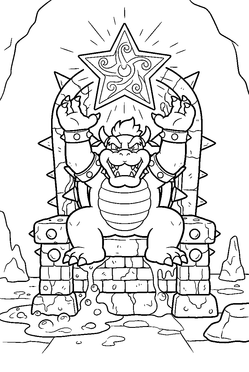 bowser holding a grand star above his lava throne line art