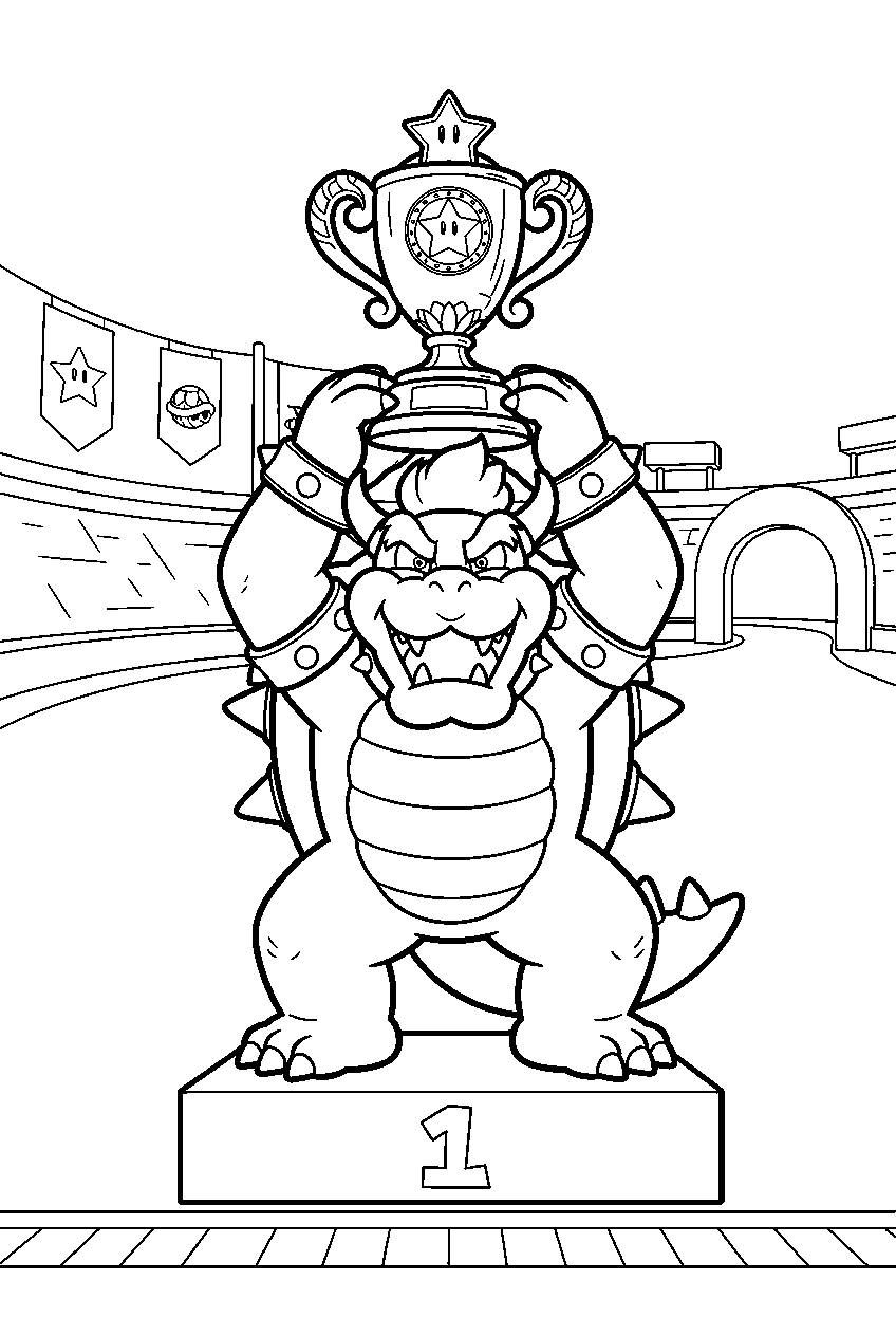bowser holding a trophy inside a mario kart stadium line art