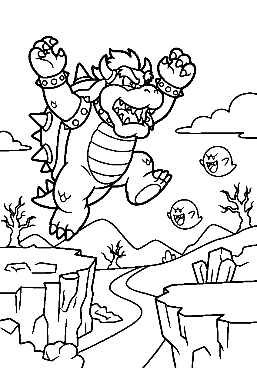 bowser jumping in ghost valley line art