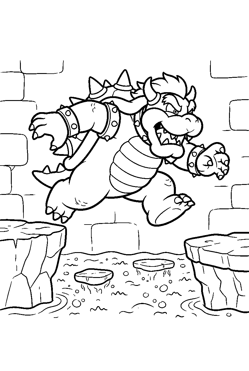 bowser leaping over lava inside a castle boss arena line art