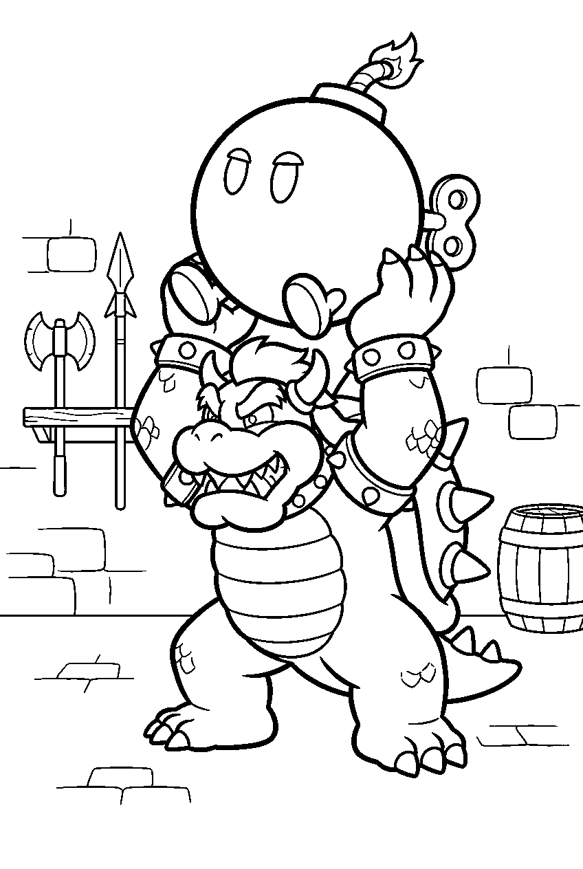 bowser lifting a giant bob omb inside the castle armory line art