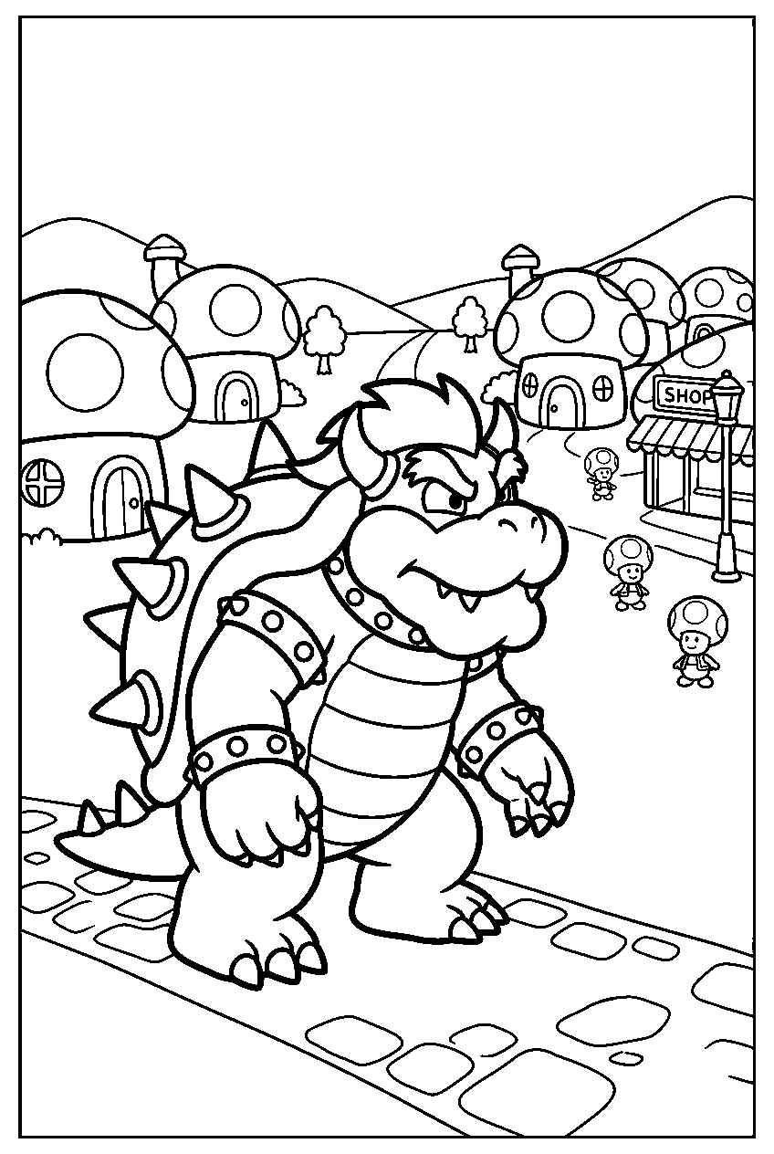 bowser looking around in toad town line art