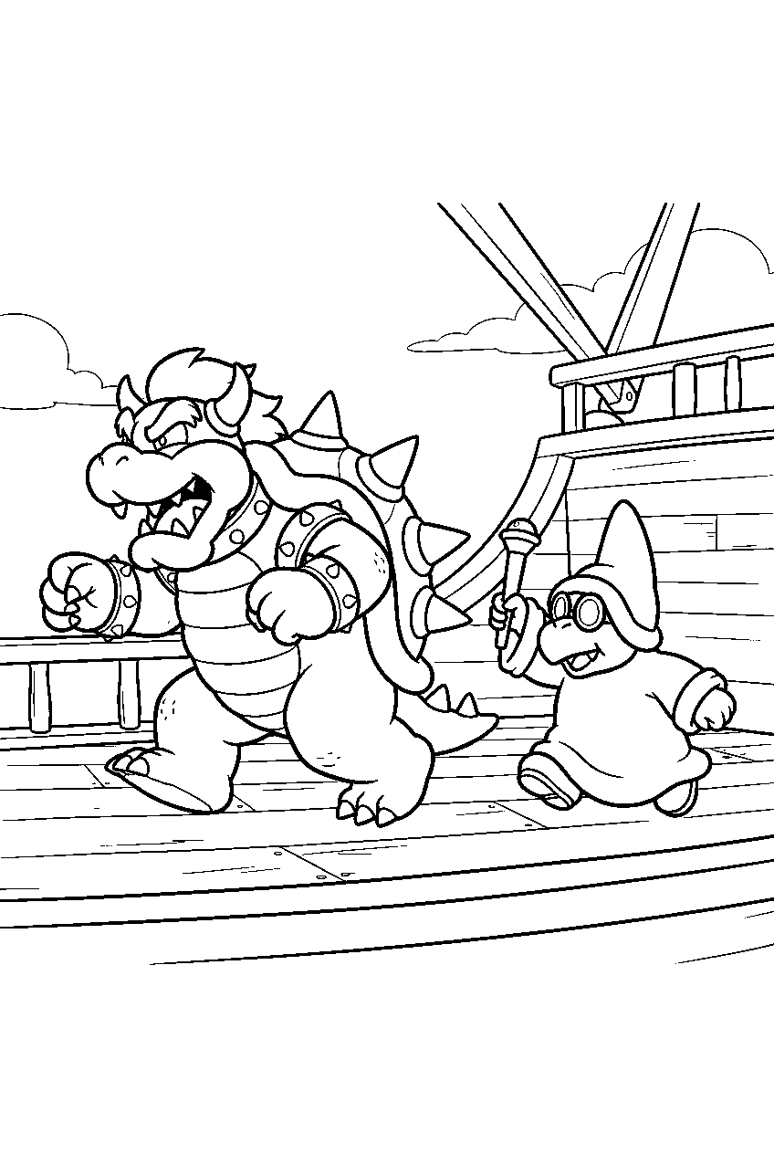 bowser marching with kamek across an airship deck line art
