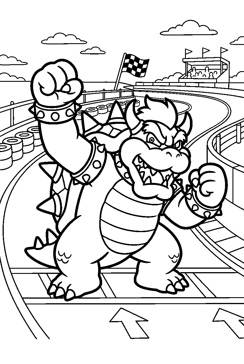 bowser posing in race track line art