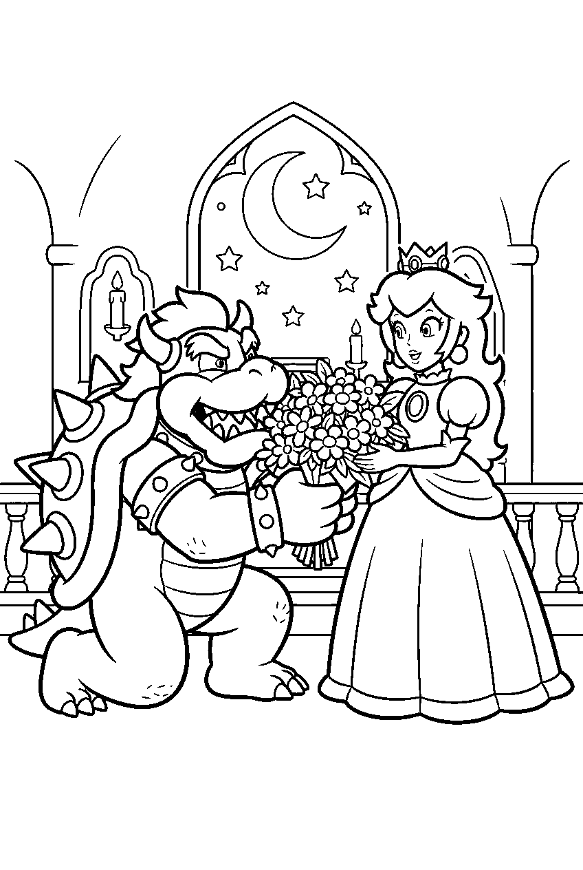 bowser presenting a flower bouquet to princess peach in the moon kingdom chapel line art