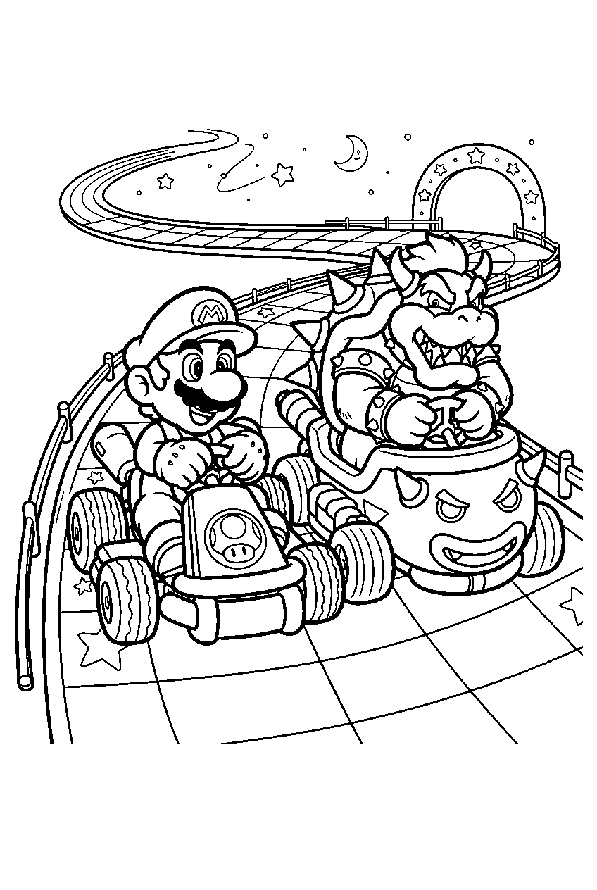bowser racing mario on rainbow road in mario kart line art