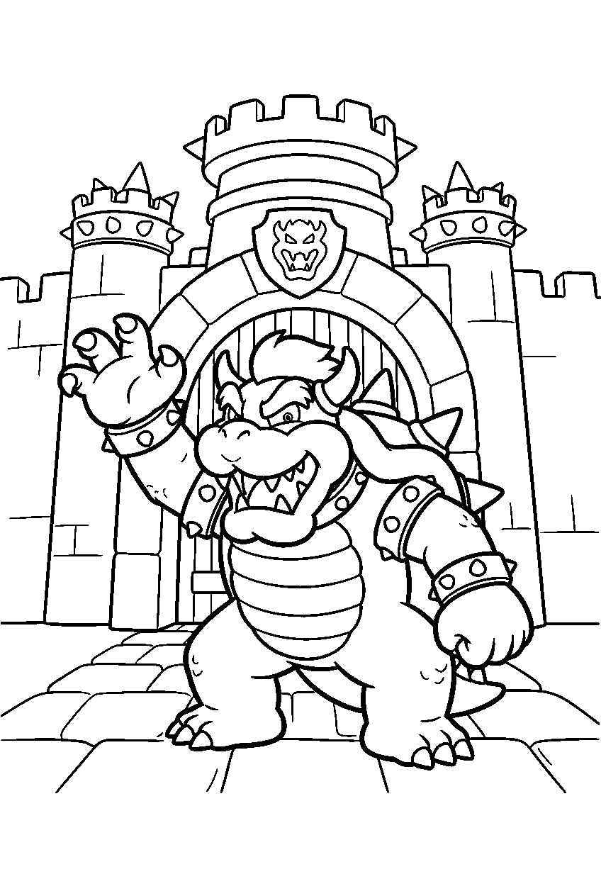bowser raising one claw at the gate of bowser s castle line art