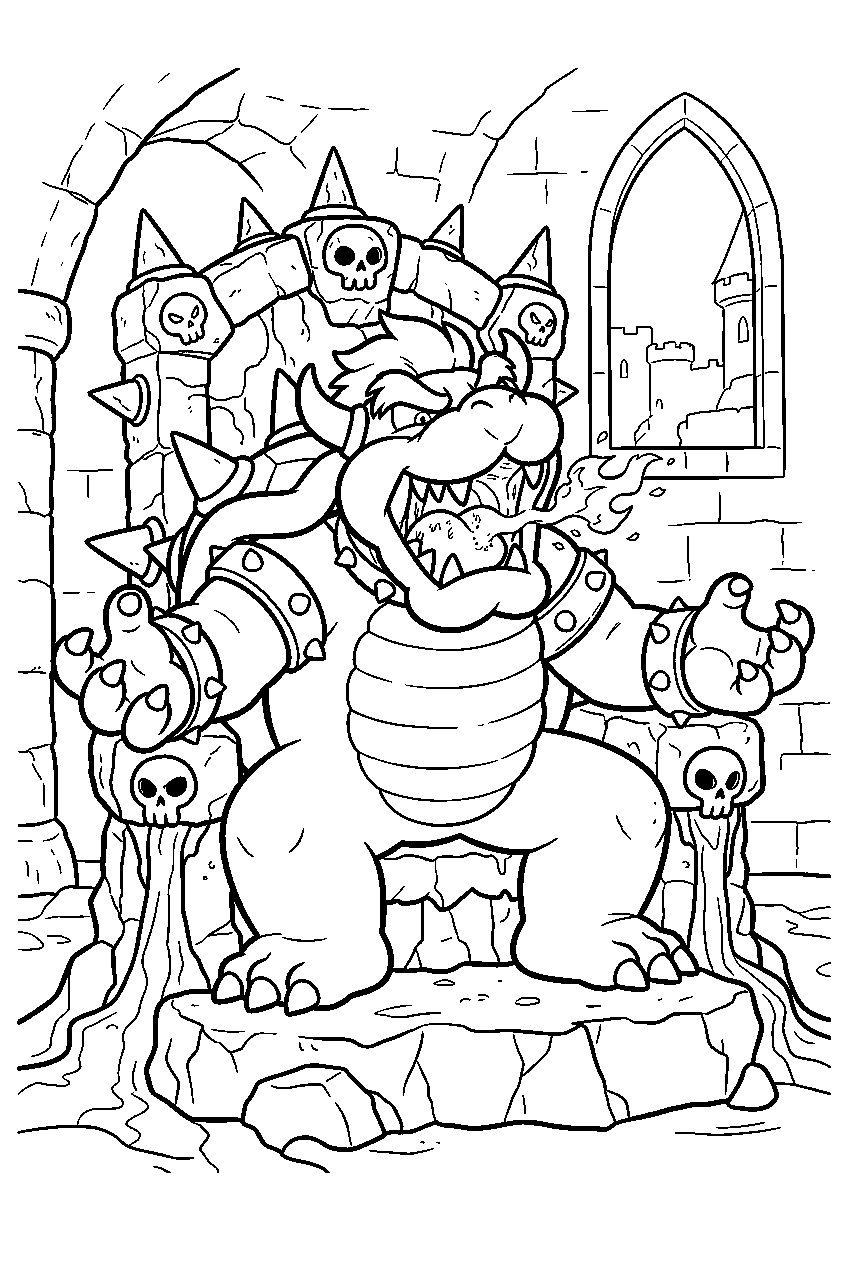bowser roaring from a lava throne inside bowser s castle line art
