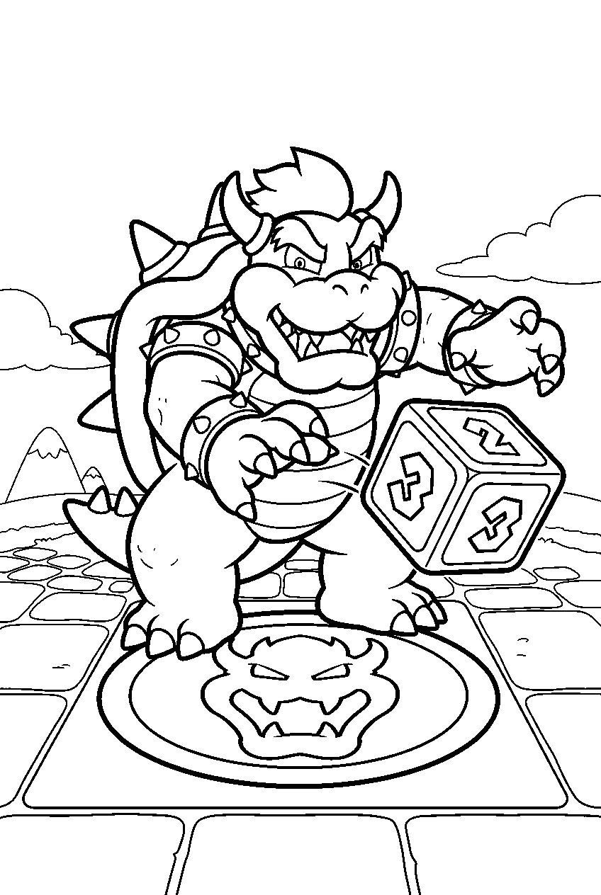 bowser rolling a dice block on a bowser space in mario party line art