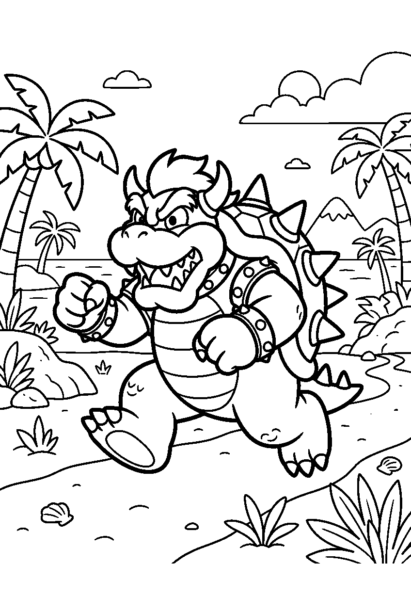 bowser running on tropical island line art