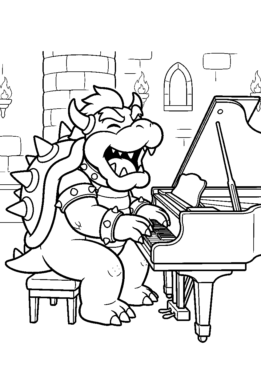 bowser singing peaches at a grand piano inside his fiery castle line art