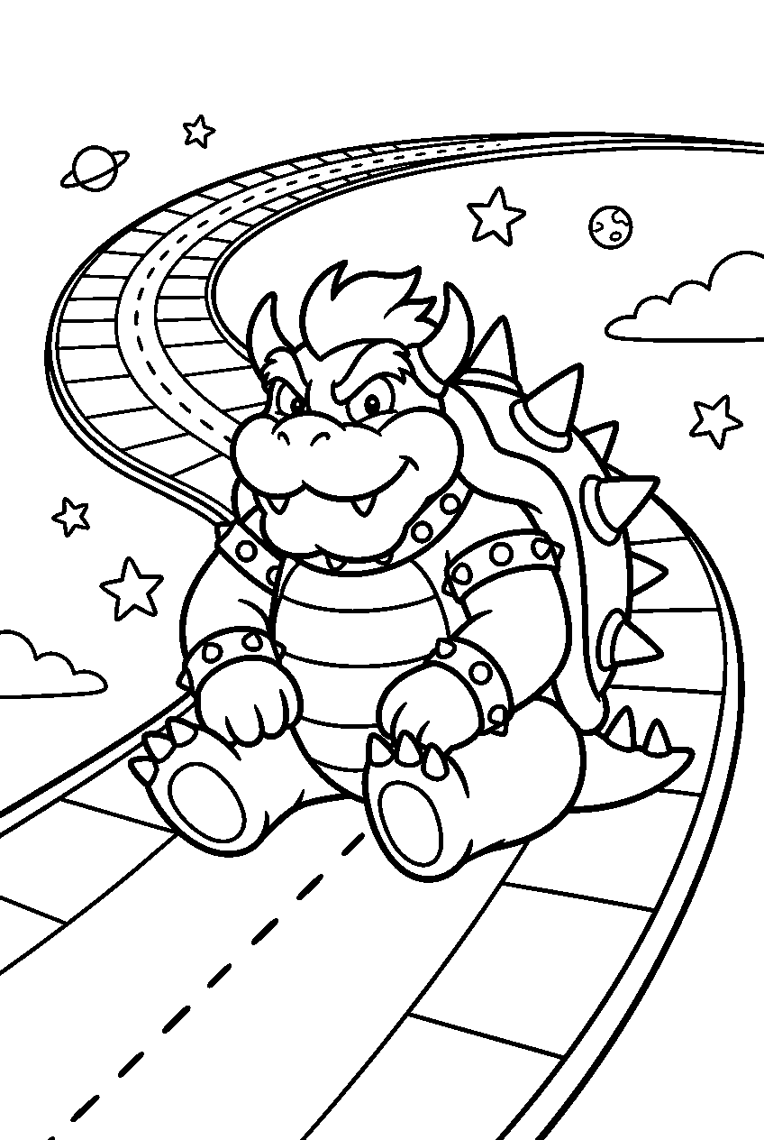 bowser sitting in rainbow road line art