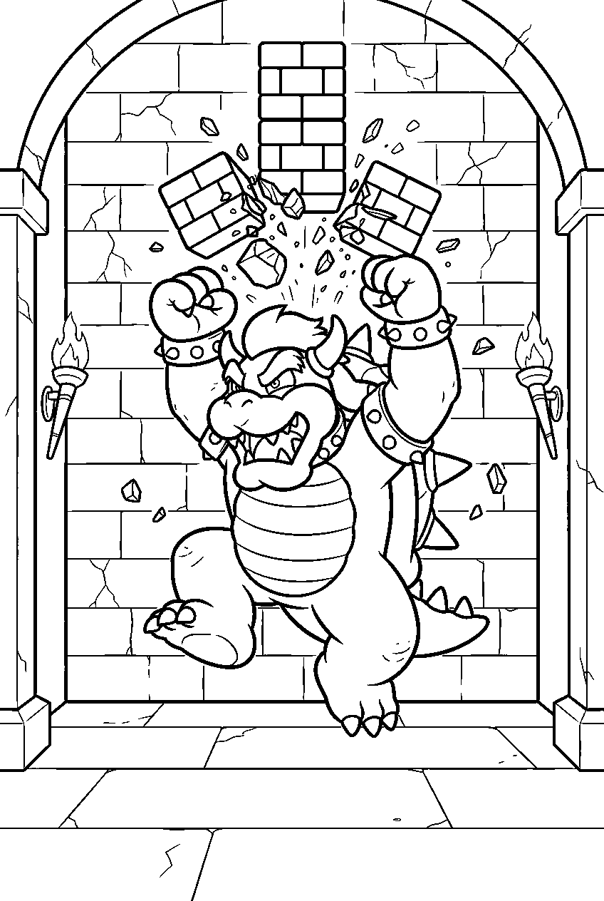 bowser smashing brick blocks in a fiery castle corridor line art