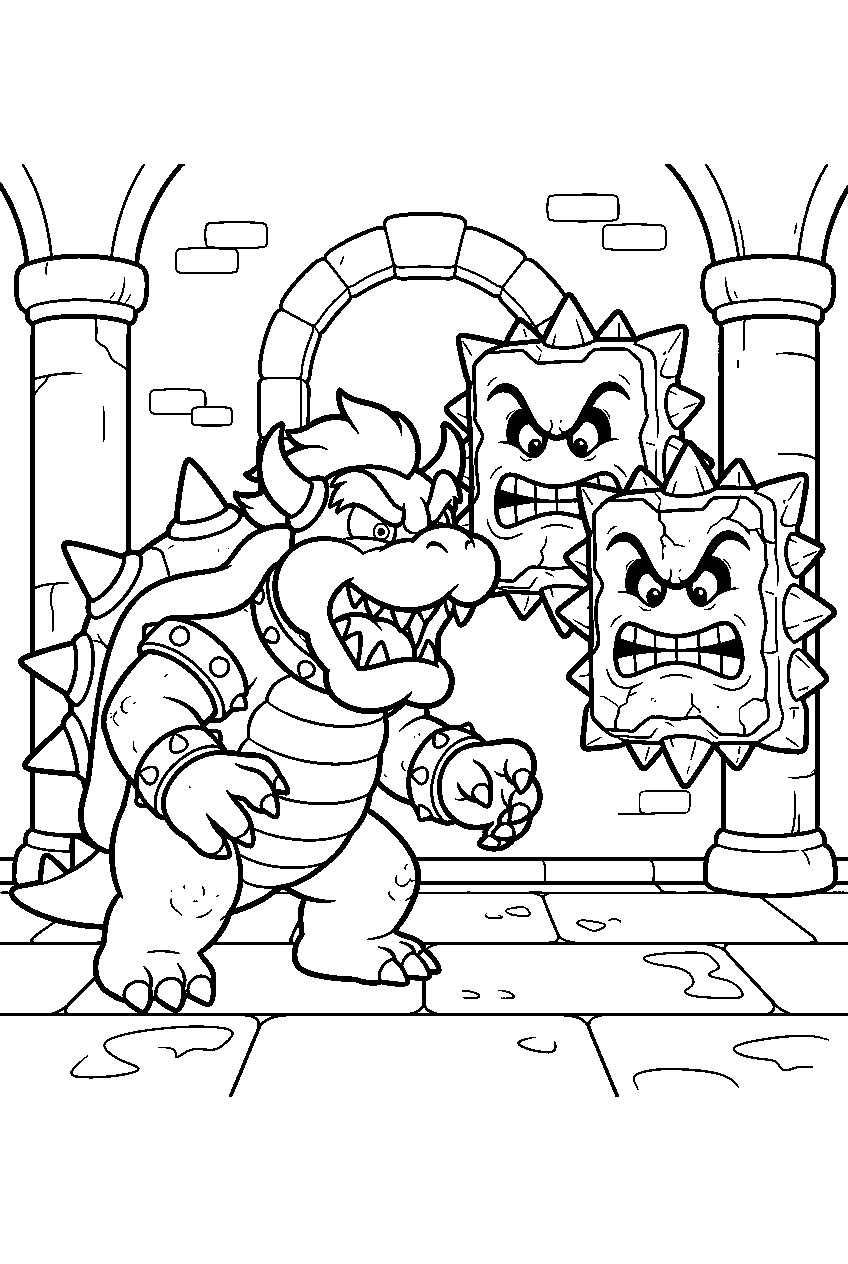 bowser snarling beside thwomps in a castle hallway line art