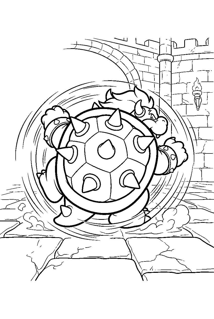 bowser spinning inside his spiked shell across the castle floor line art