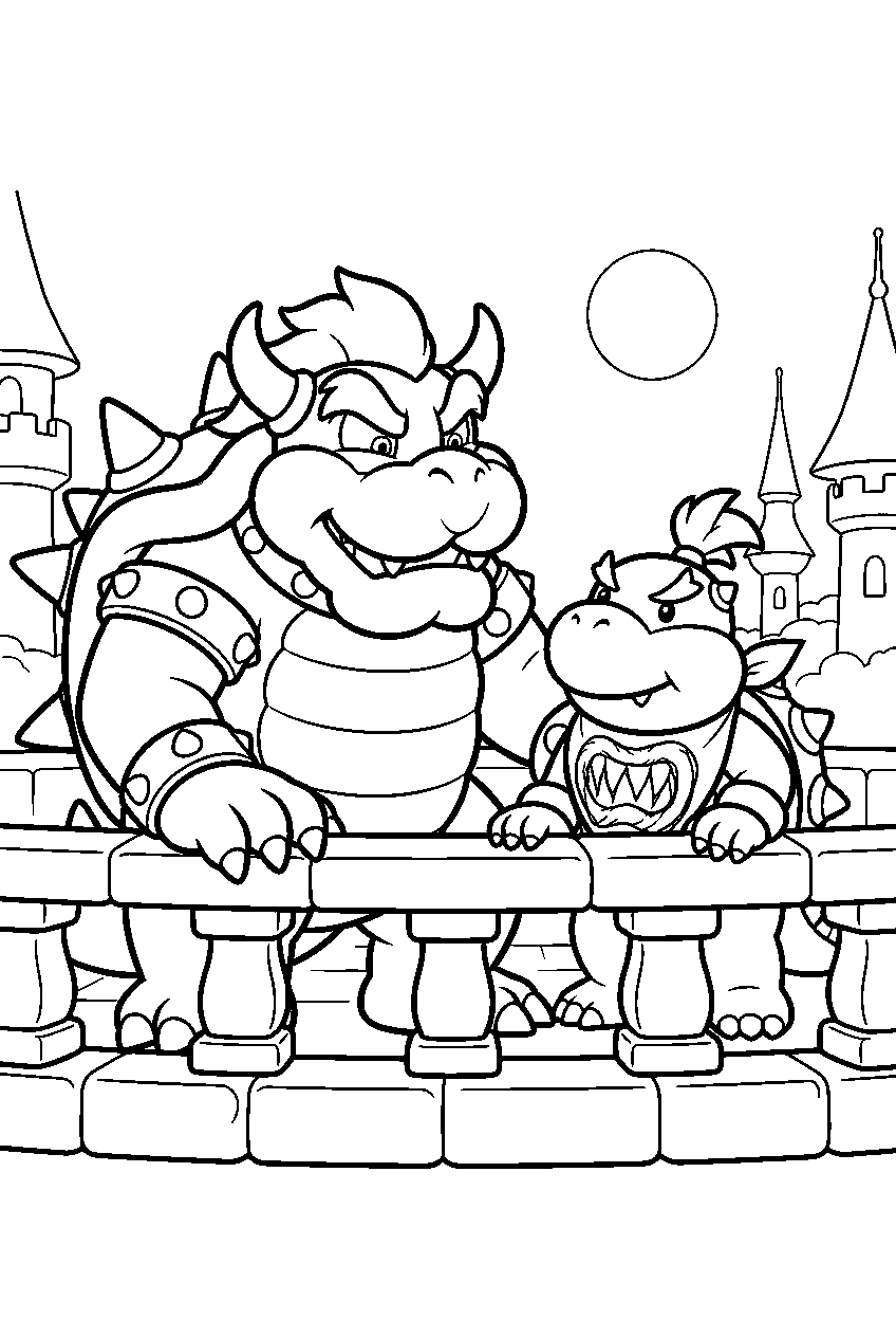 bowser standing beside bowser jr on a castle balcony line art