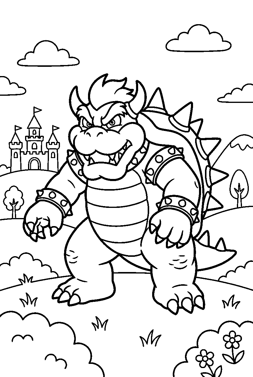 bowser standing in grassland kingdom line art