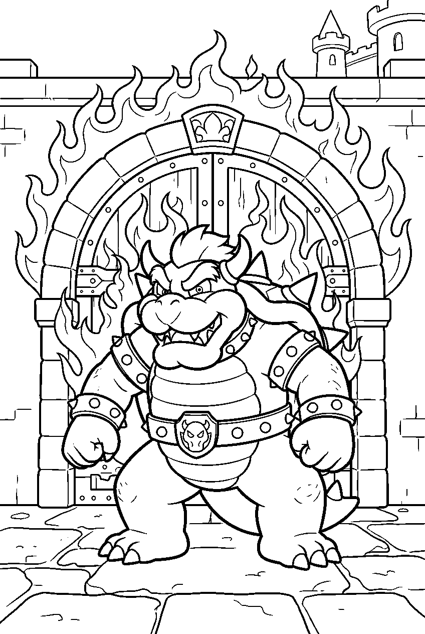 bowser standing strong before flaming castle doors line art