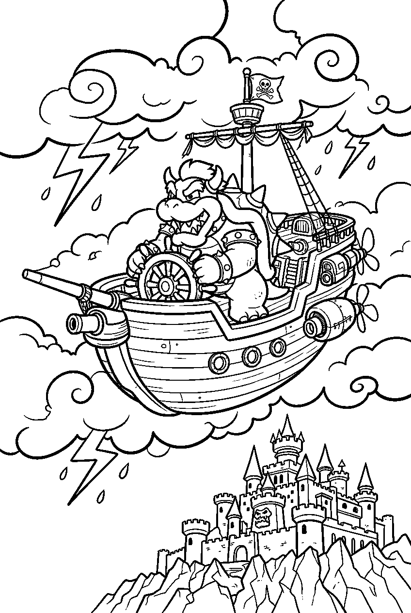 bowser steering an airship through storm clouds above his castle line art