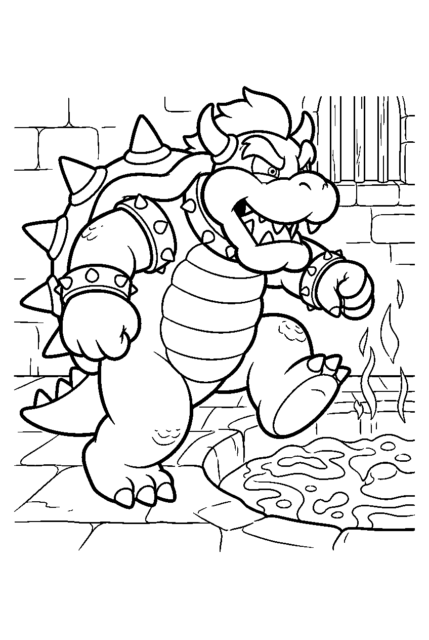 bowser stomping beside a lava pit in the castle dungeon line art