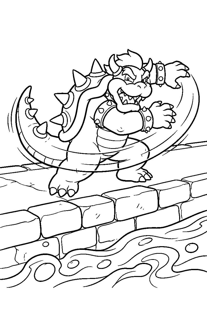 bowser swinging his spiked tail on a stone bridge above lava line art