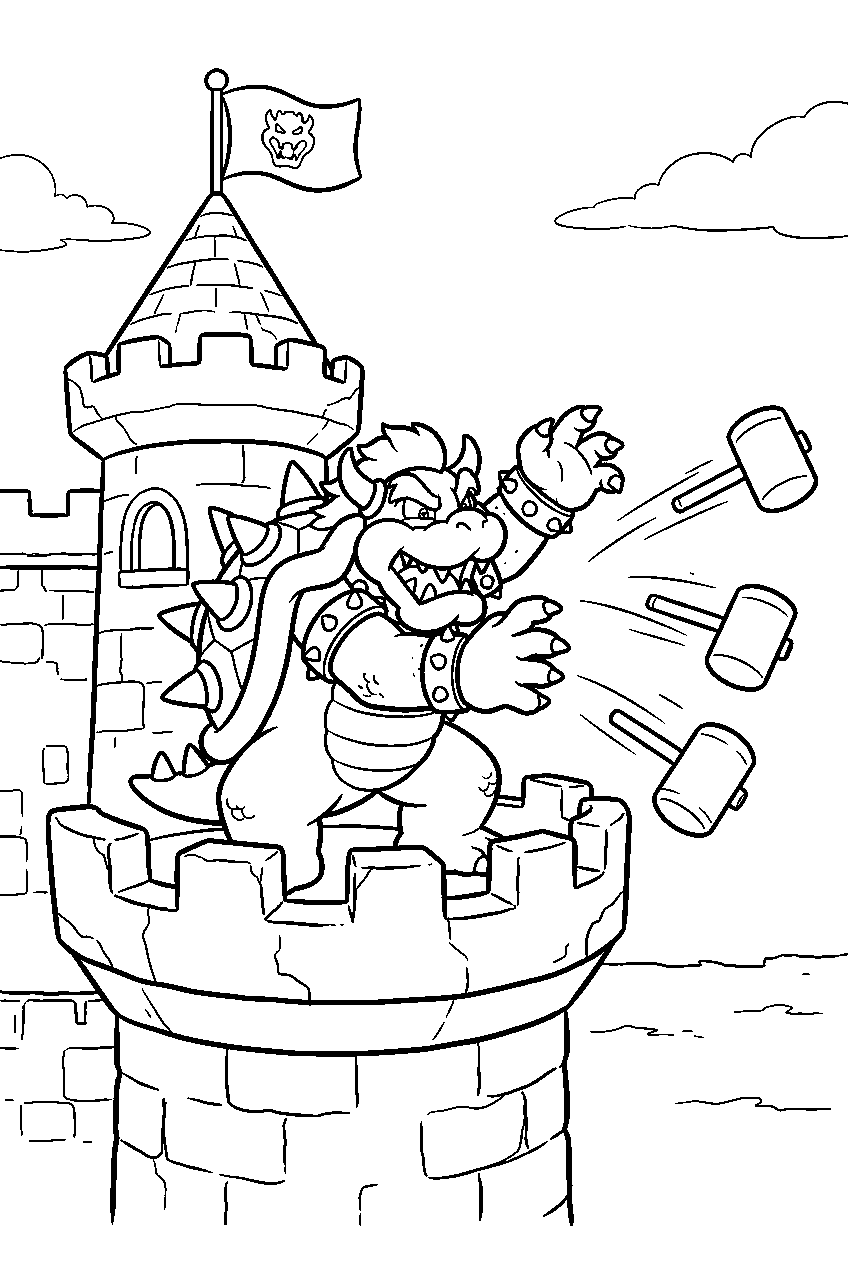 bowser throwing hammers from a castle tower line art