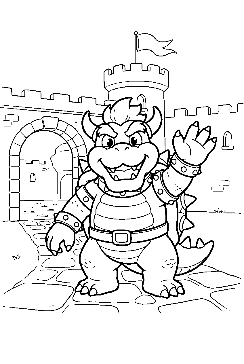 cute bowser waving in the castle courtyard line art
