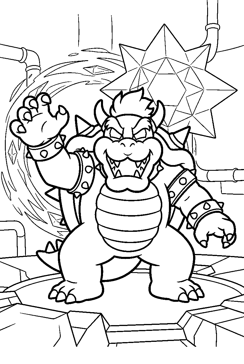 dark bowser raising one claw inside the dark star chamber line art